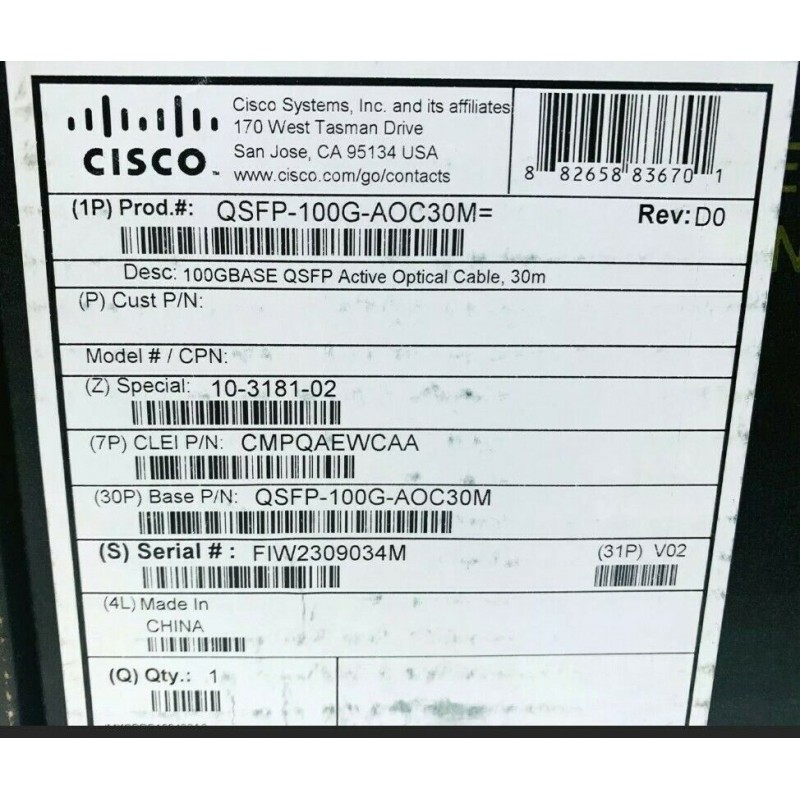 Genuine Cisco QSFP-100G-AOC30M